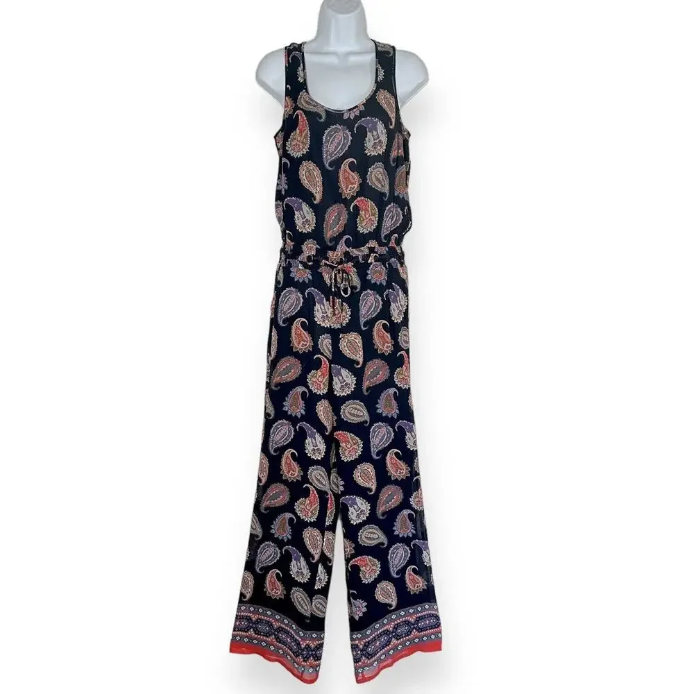 TORY BURCH 100% Silk Paisley Jumpsuit Sleeveless Blue Boho Wide Leg Cottagecore